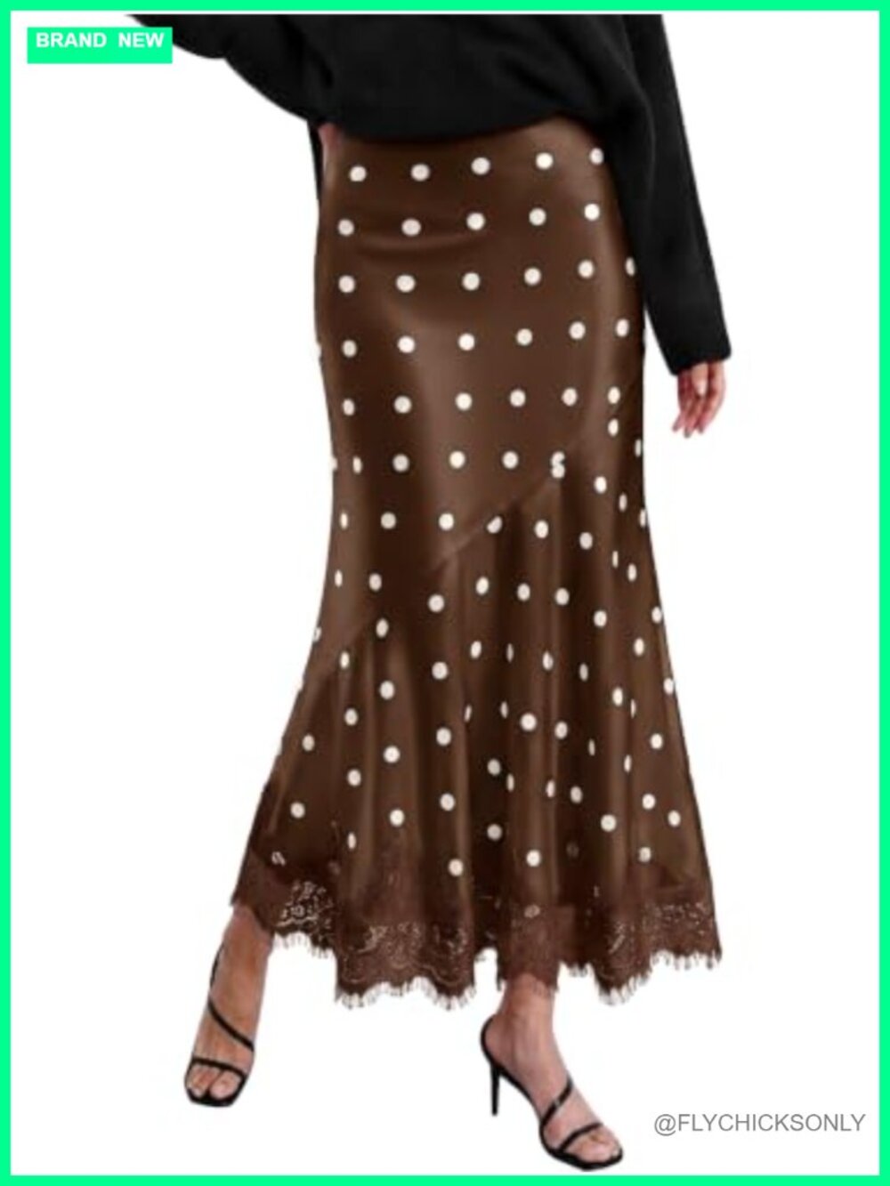 Satin Silk Lace Trim Polka Dot Mermaid Maxi Skirt | High Waist A-Line